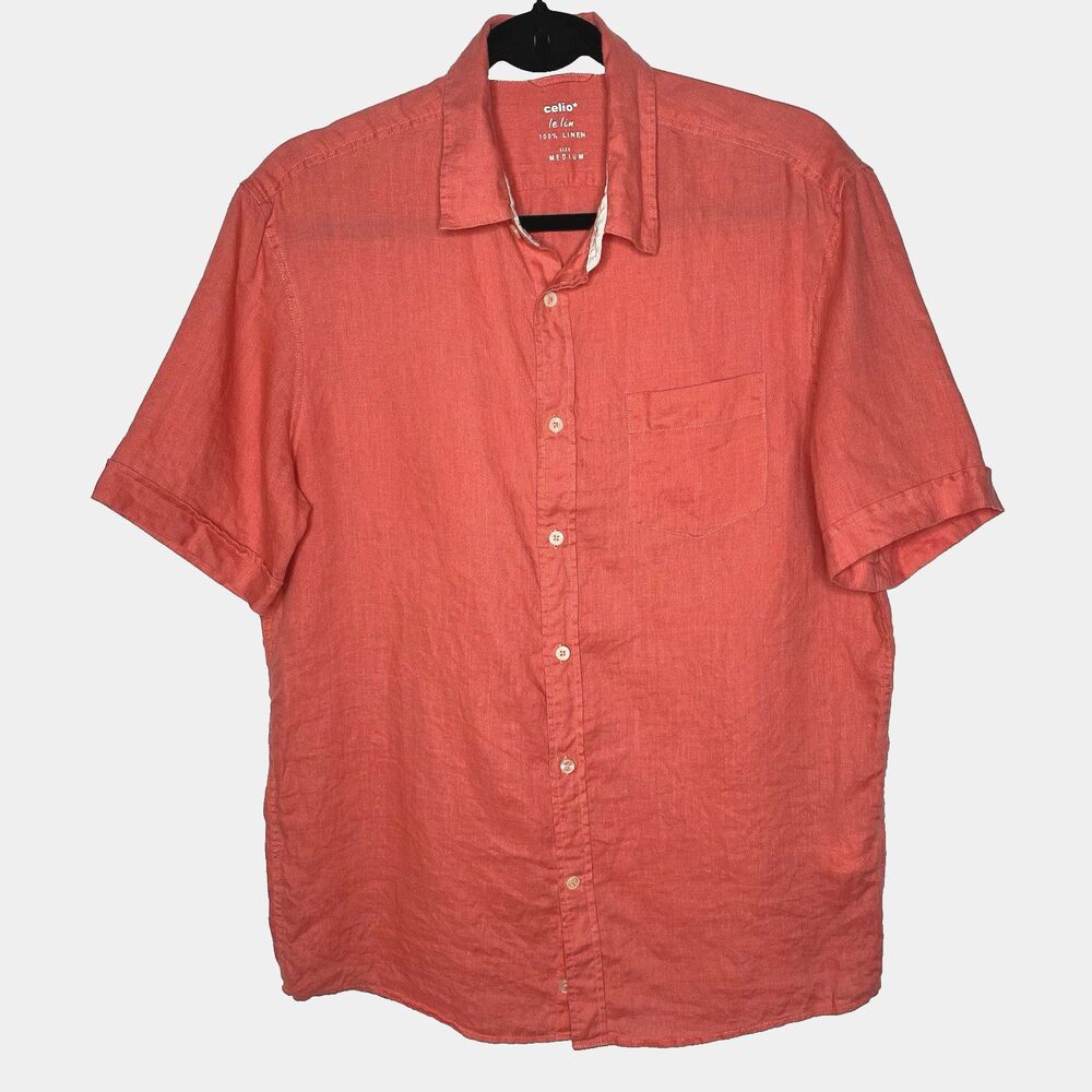 CELIO 100% Linen Shirt Short Sleeve Button Pocket Lightweight Vacay Mens M Coral